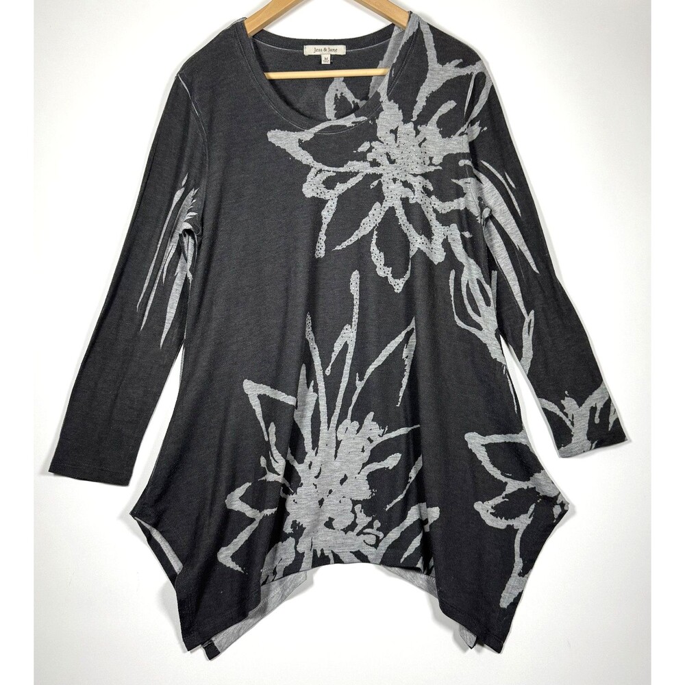 Jess‎ and Jane Blouse Womens Medium Gray Floral Rhinestone Asymmetric Hem